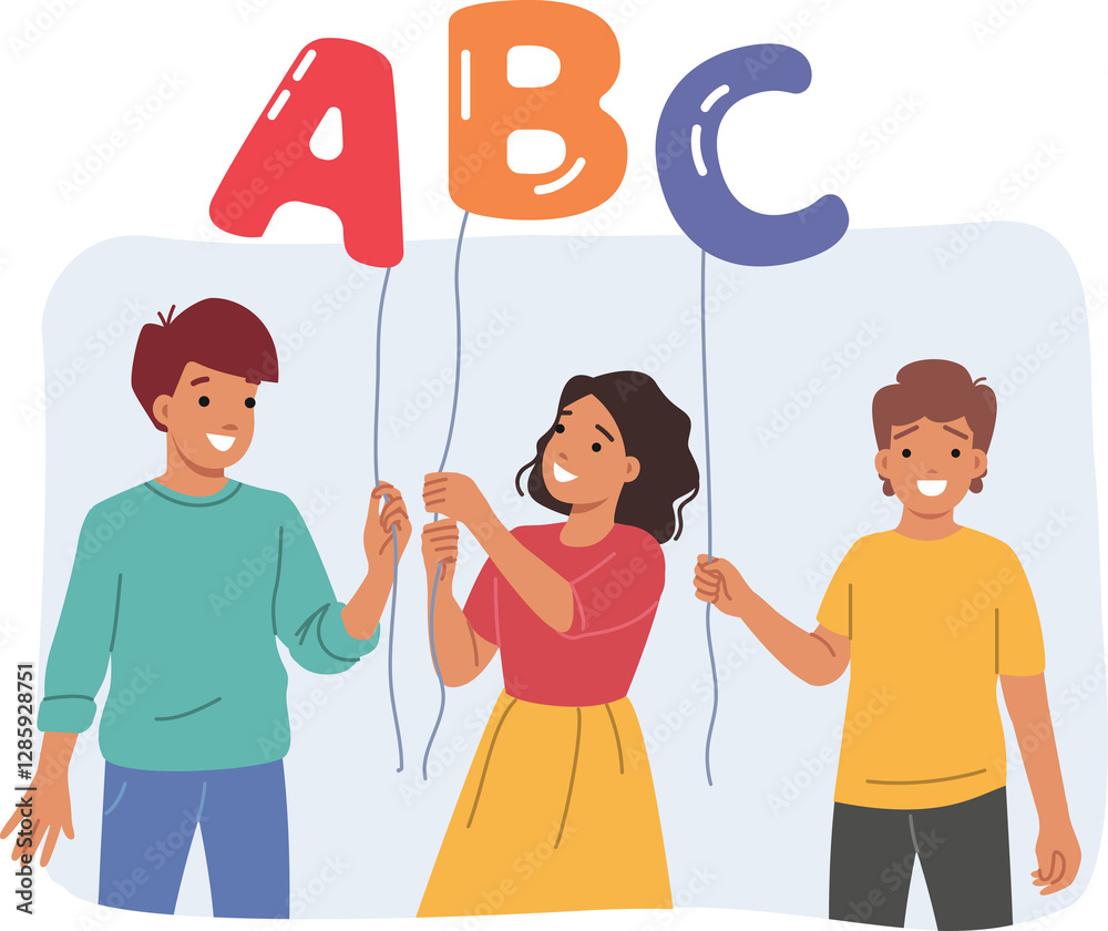 Schoolchildren hold balloons in form of letters of english alphabet and smile, urging them to learn languages. Little kindergarten students demonstrate abc signs symbolizing alphabet