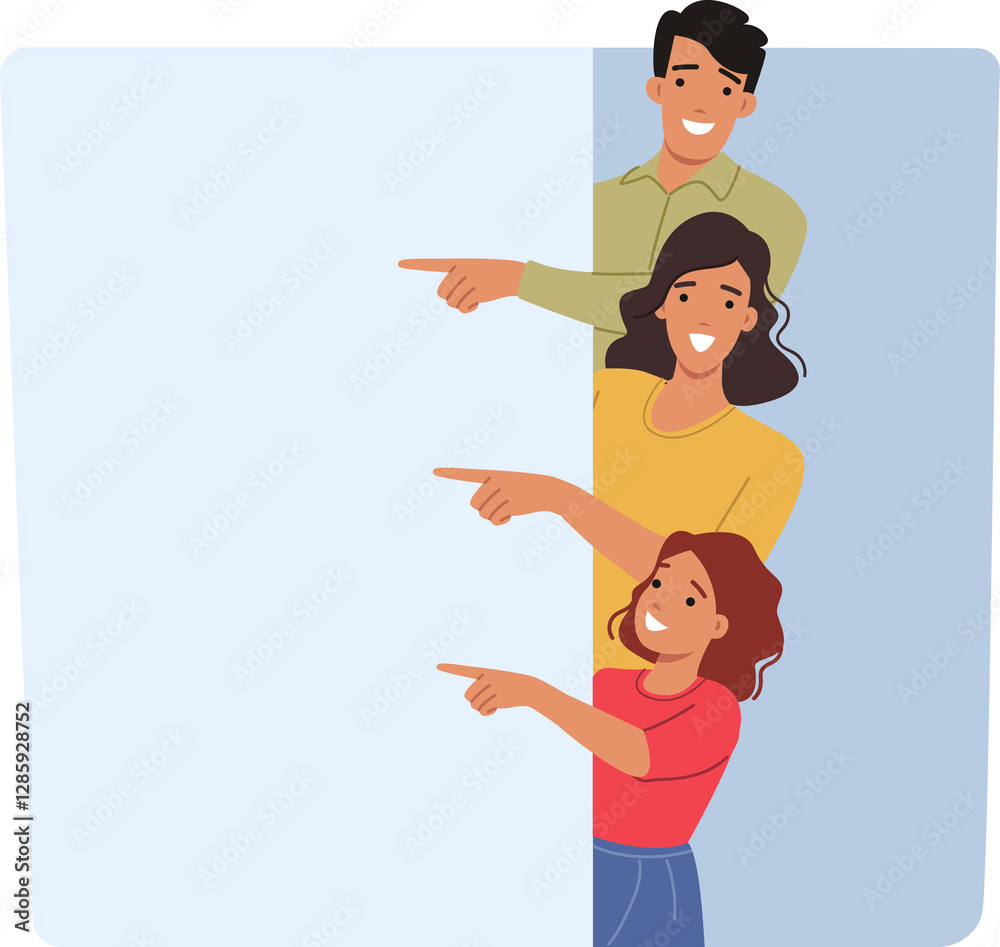 Happy family showing white banner and pointing with finger at place to commercial offer. Announcement from positive family with advertising account for marketing campaign and attracting customers