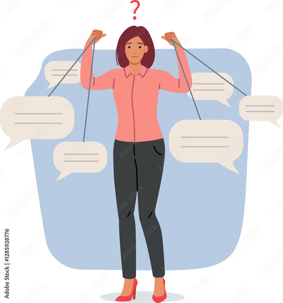 Woman victim of public opinion holds dialogue clouds in form of comments in hands. Confused girl manipulates public opinion using puppet master strings for misinformation and spreading fake news