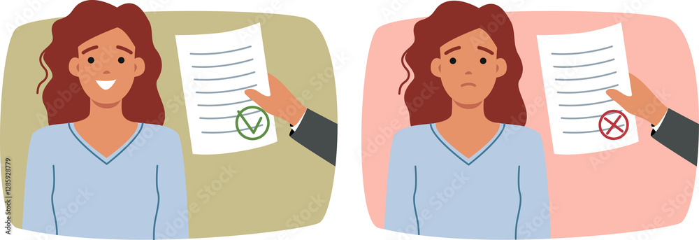 Document with permission or prohibition near woman who received notice from tax department. Girl smiles after receiving positive answer and is upset because of document with refutation