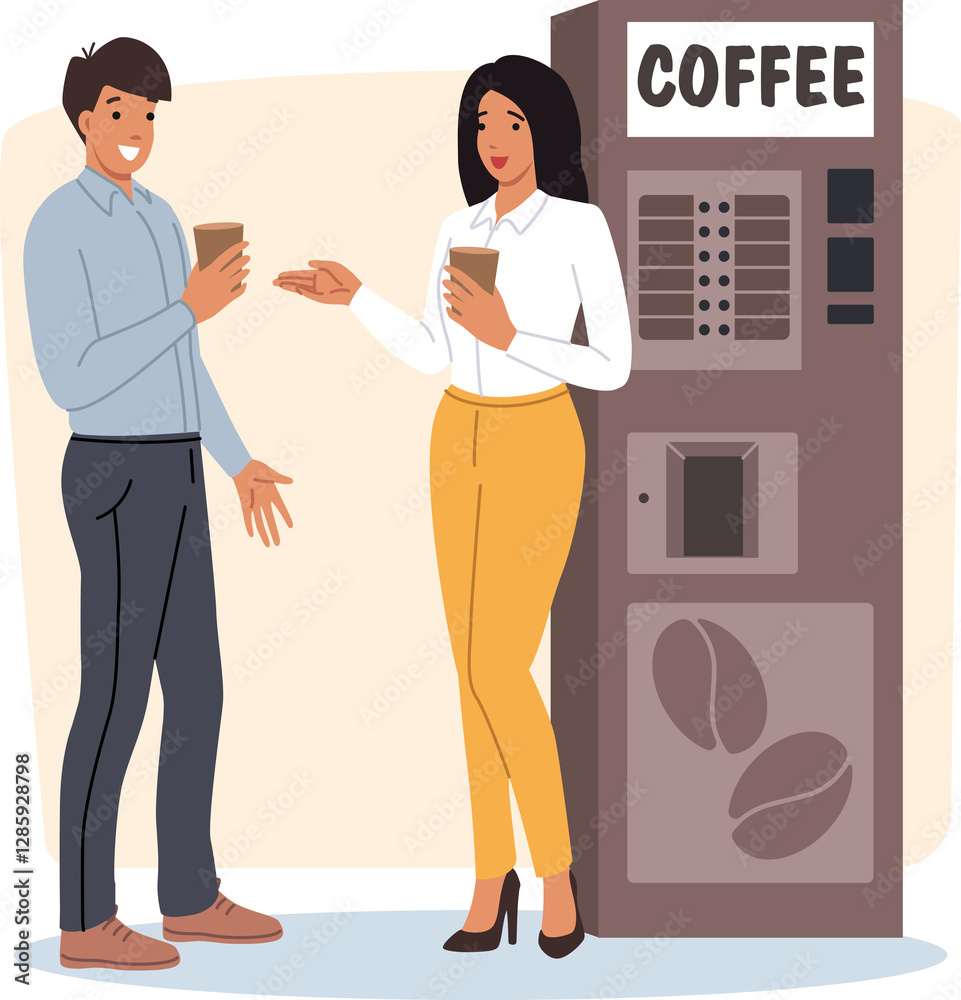 Man and woman office employees are flirting standing at coffee machine, taking break from work. Positive cells discussing latest corporate news and drinking drink to restore energy