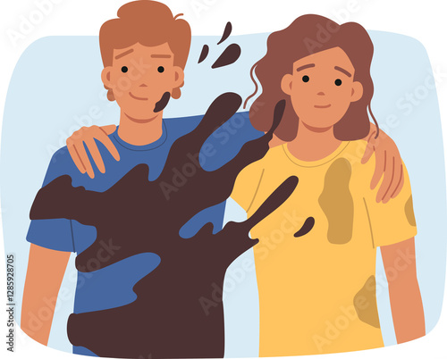 Obraz na płótnie Dirty couple of happy man and woman, for metaphor for toxic relationships and presence of codependency in love union. Dirty couple smile, not paying attention to stains on clothes or splashes w salonie