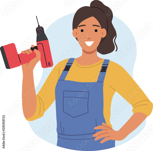 Happy female repairman holding electric screwdriver or drill and smiling looking at screen. Girl repairman or auto mechanic invites you to visit car repair shop for vehicle maintenance.