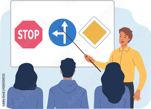 Obraz na płótnie Lesson in driving school with people learning rules of road, and teacher demonstrating stop or turn signs. Training in traffic rules at school to gain opportunity to work in taxi or public transport w salonie
