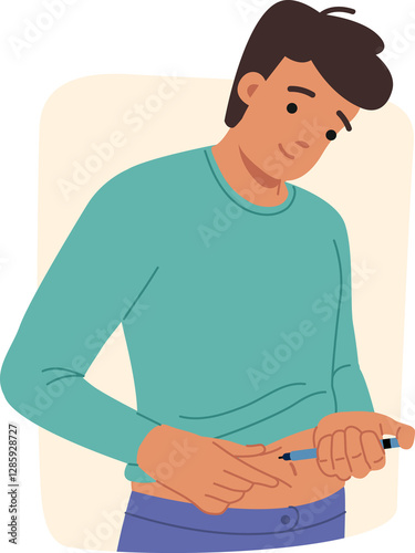Obraz na płótnie Man does diabetes insulin test by sticking syringe into stomach to prevent sugar control. Guy struggling with diabetes to avoid complications and occurrence of severe form of disease that causes death w salonie