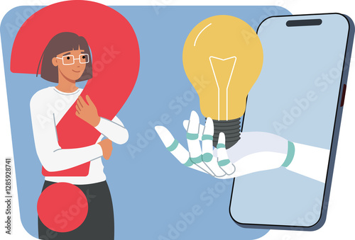 Obraz na płótnie Idea is proposed by chatbot with artificial intelligence, poking light bulb out of smartphone for business woman. Positive girl uses chatbot with neural network to brainstorm and plan future w salonie