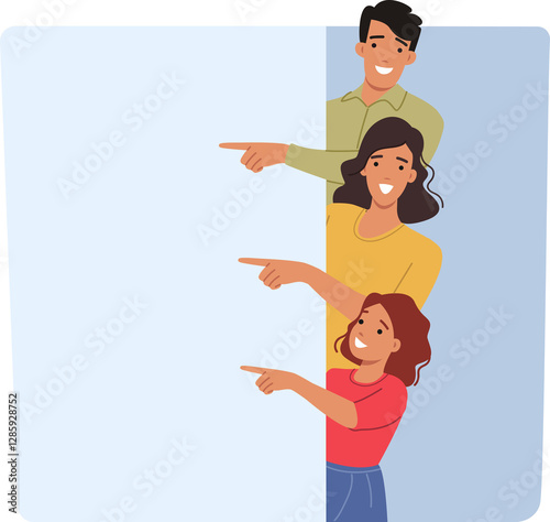 Obraz na płótnie Happy family showing white banner and pointing with finger at place to commercial offer. Announcement from positive family with advertising account for marketing campaign and attracting customers w salonie