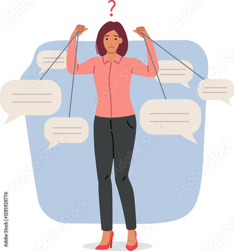 Obraz na płótnie Woman victim of public opinion holds dialogue clouds in form of comments in hands. Confused girl manipulates public opinion using puppet master strings for misinformation and spreading fake news w salonie