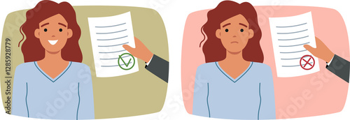 Obraz na płótnie Document with permission or prohibition near woman who received notice from tax department. Girl smiles after receiving positive answer and is upset because of document with refutation w salonie