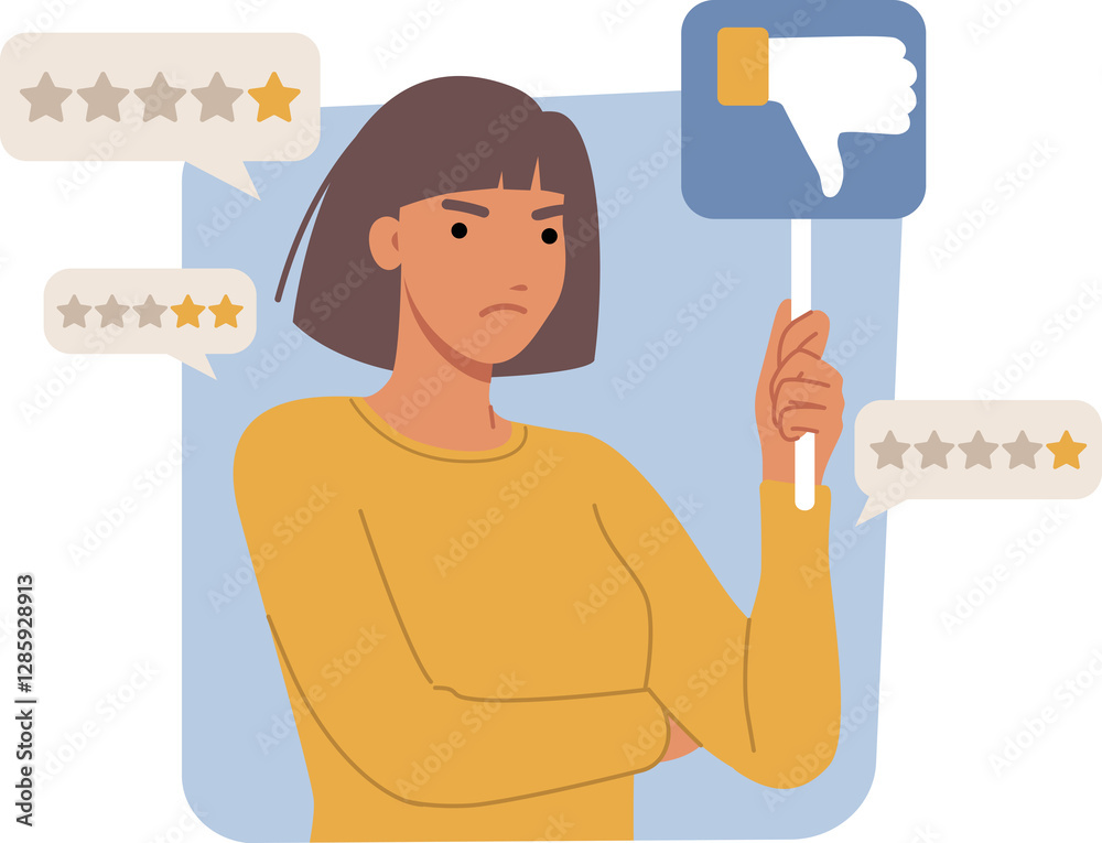 Dissatisfied woman customer gives bad ratings and spoils company reputation due to negative user experience. One star and thumbs down from girl internet app users because of negative user experience