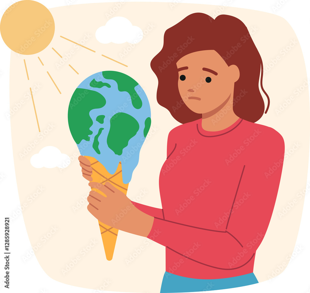 Global warming negatively affects planet earth and melts globe held by sad woman volunteer. Problem of global warming and climate change caused by co2 emissions into air and air pollution