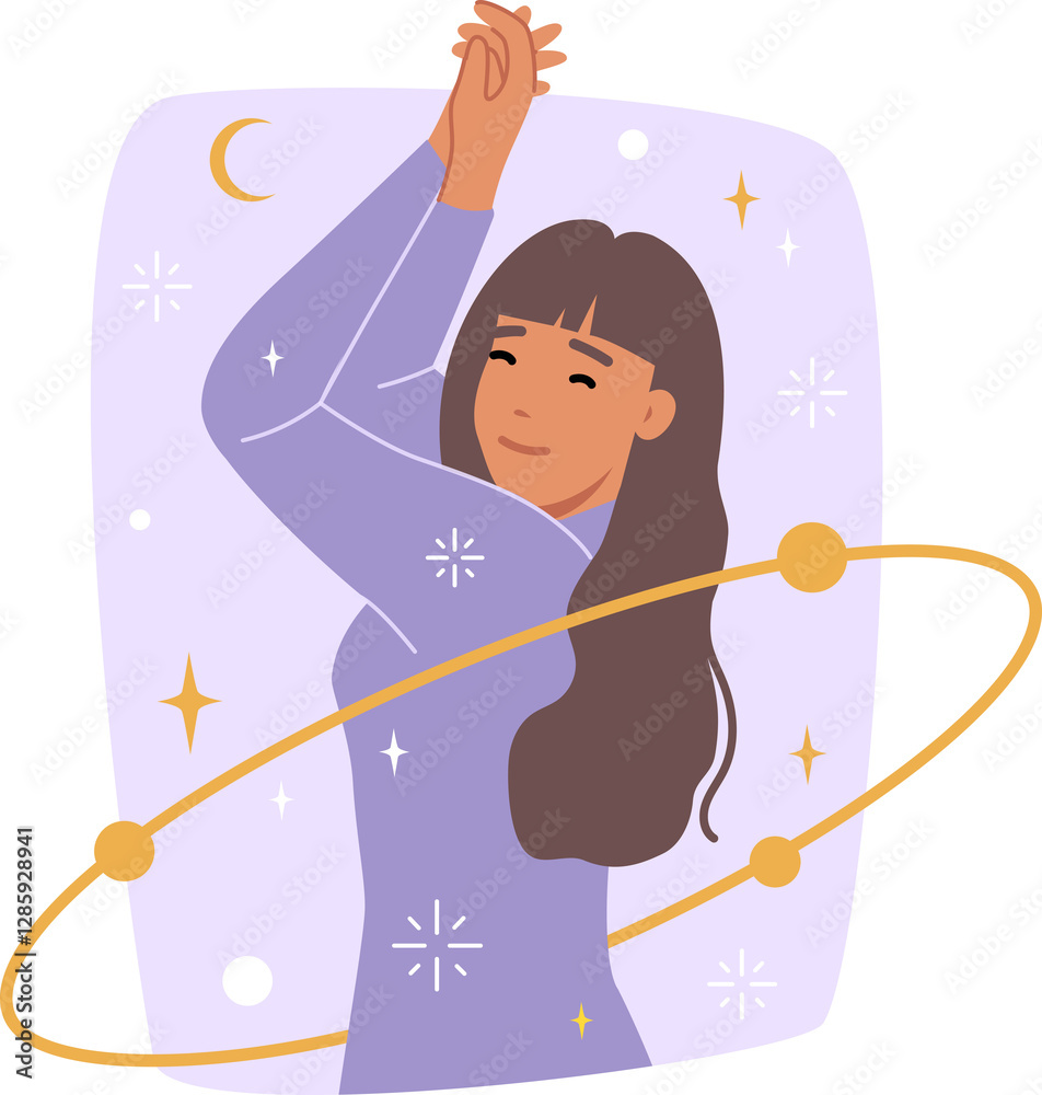 Woman astrologer dances among cosmic stars and orbits, rejoicing at fortune teller prediction of happy future. Girl astrologer suggests using occult and spiritual practices to achieve happiness