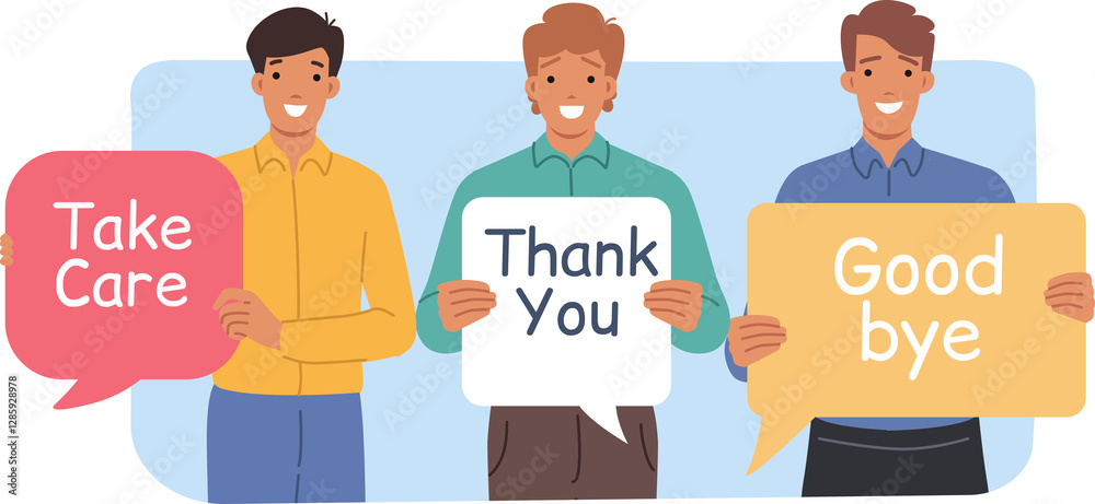 Kind men show gratitude and say goodbye, holding speech bubbles with positive inscriptions. Positive guys with dialogue clouds with good-natured comments and thanks for cooperation for cooperation