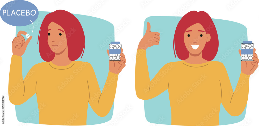 Placebo pills in hands of woman consuming pacifier medicine for psychological improvement and relief from pain. Girl shows thumbs up after consuming placebo and holds jar of medicinal vitamins in hand