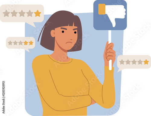 Obraz na płótnie Dissatisfied woman customer gives bad ratings and spoils company reputation due to negative user experience. One star and thumbs down from girl internet app users because of negative user experience w salonie