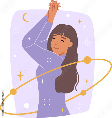 Obraz na płótnie Woman astrologer dances among cosmic stars and orbits, rejoicing at fortune teller prediction of happy future. Girl astrologer suggests using occult and spiritual practices to achieve happiness w salonie