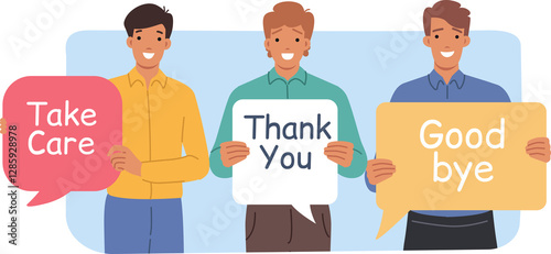 Obraz na płótnie Kind men show gratitude and say goodbye, holding speech bubbles with positive inscriptions. Positive guys with dialogue clouds with good-natured comments and thanks for cooperation for cooperation w salonie