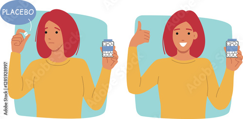 Obraz na płótnie Placebo pills in hands of woman consuming pacifier medicine for psychological improvement and relief from pain. Girl shows thumbs up after consuming placebo and holds jar of medicinal vitamins in hand w salonie