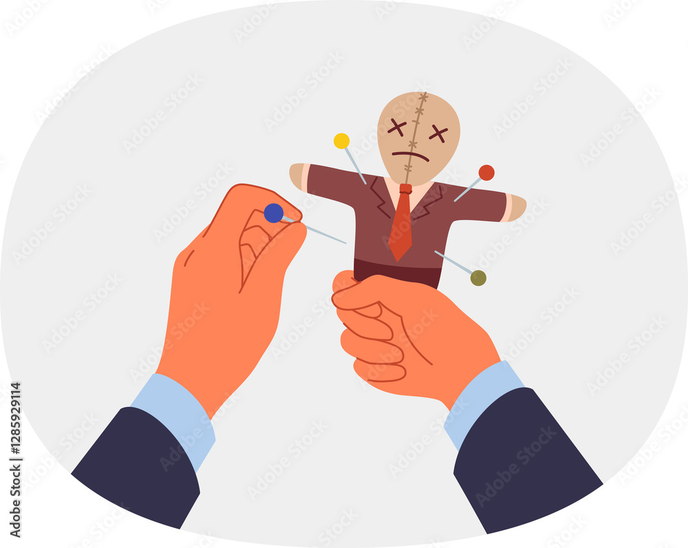 Voodoo doll in hands of business man who uses black magic and pagan curses for unfair competition. Vindictive guy pierces voodoo doll with needles, wanting to make enemy or competitor suffer