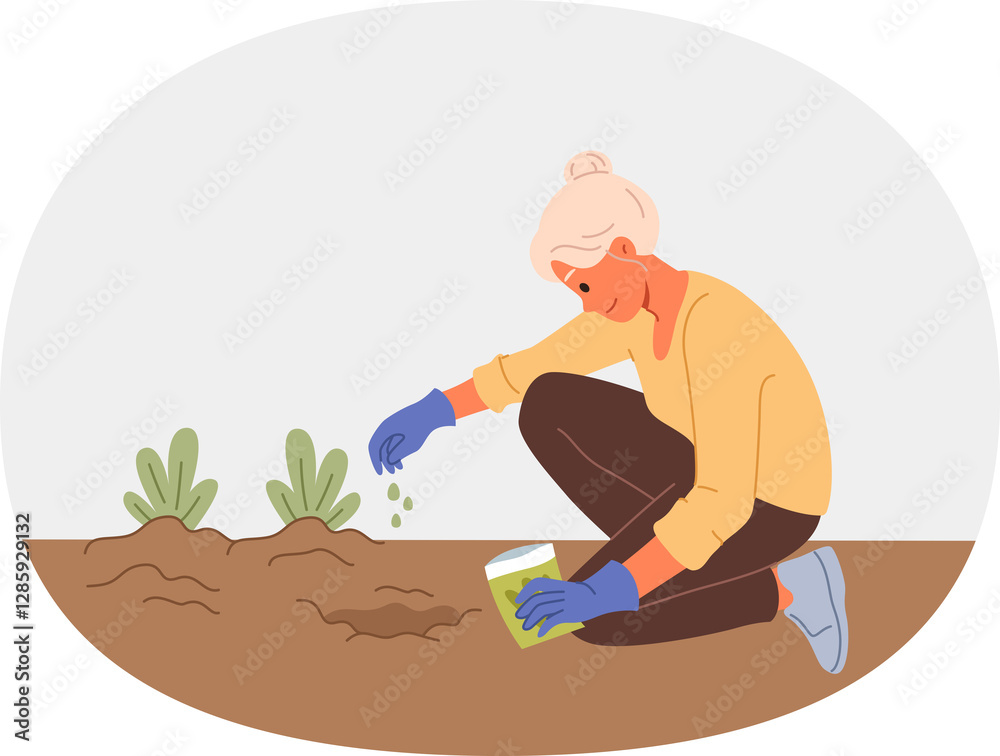 Elderly woman plants seeds in ground, planting flowers in garden or backyard of house. Old lady with seeds gets involved in vegetable gardening as hobby or saving money by getting fresh organic food