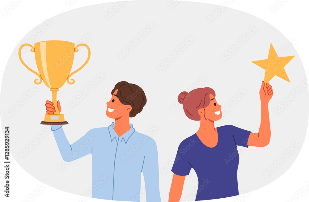 Successful business man and woman have become winners of competition among company managers and holding trophies. Winners hold gold cup and star in hands, symbolizing achievements on career ladder