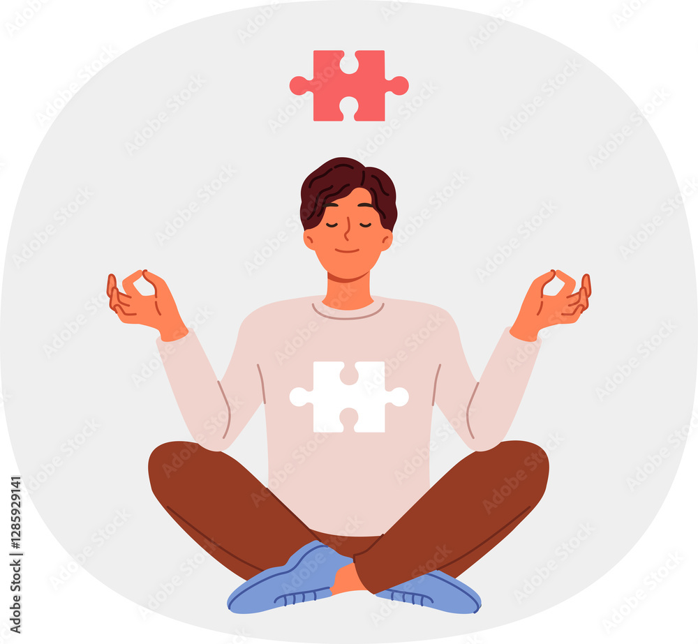 Man meditates sitting in lotus position and feels synchronization of soul in form of puzzle and cosmos thanks to yoga. Guy is interested in zen buddhism and meditation to achieve mental harmony