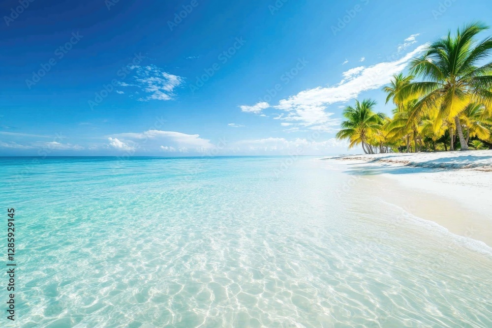 Fototapeta premium A serene beach scene with palm trees and crystal-clear water, suitable for travel or relaxation themes