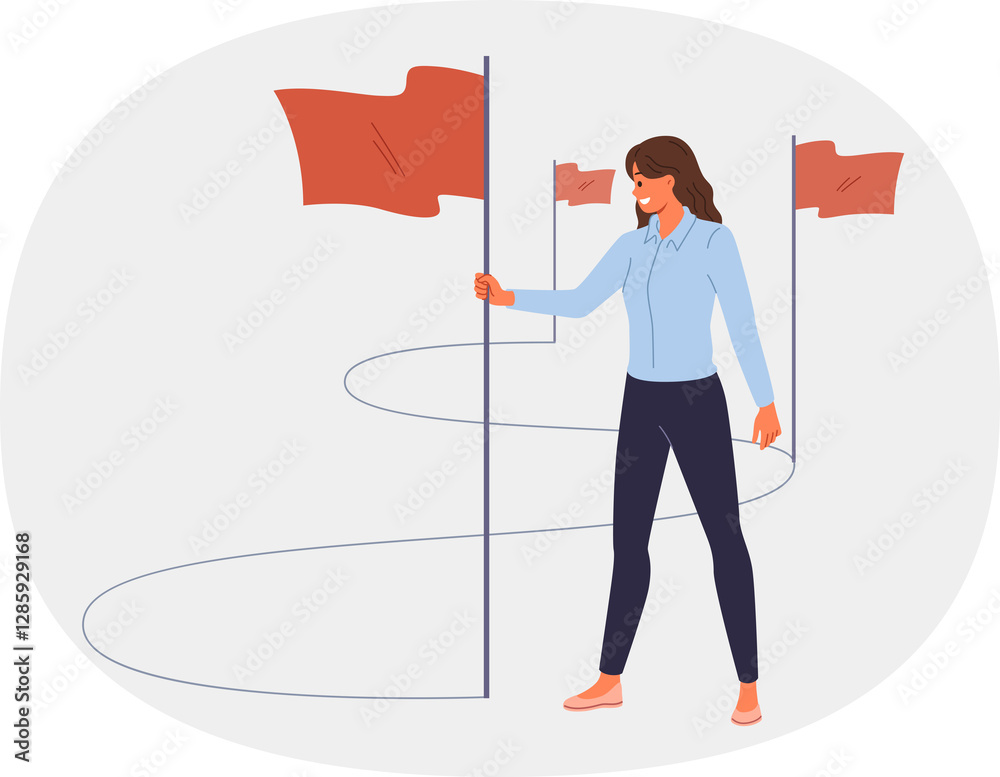 Business woman walks path to success and inserts winner flags on way to achieving professional goals. Lady manager implements tasks and consolidates success thanks to motivation and personal ambitions