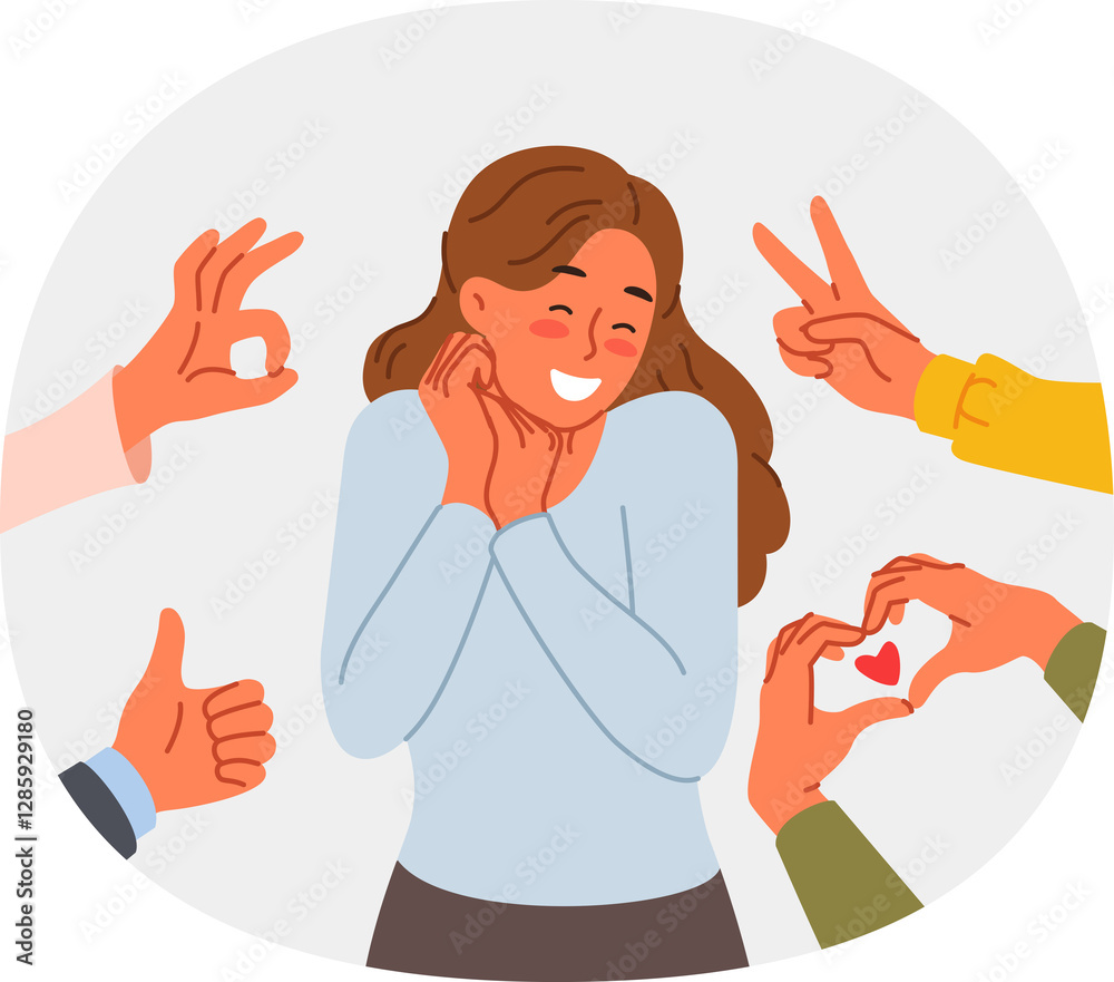 Confused woman receiving public approval and supportive feedback, standing among hands with positive gestures. Approval and love from fans for influencer girl enjoying popularity in society