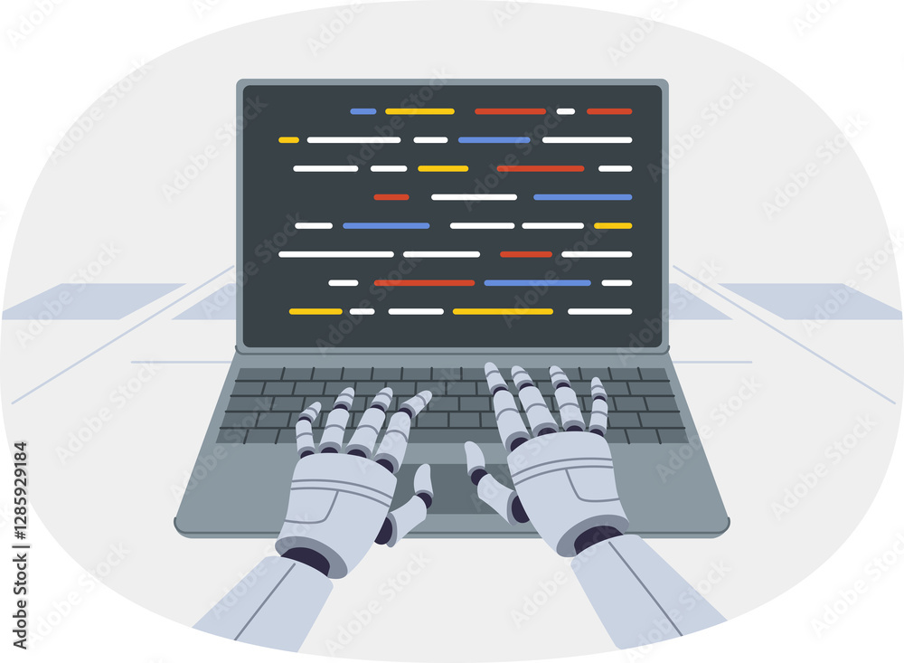 Hands of robot programmer typing code into laptop thanks to development of artificial intelligence. Chat bot with artificial intelligence works in user support and answers frequently asked questions