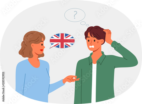 Language barrier for native english speakers from uk and us who have problems communicating. Man does not understand woman from england due to presence of language barrier and strong accent