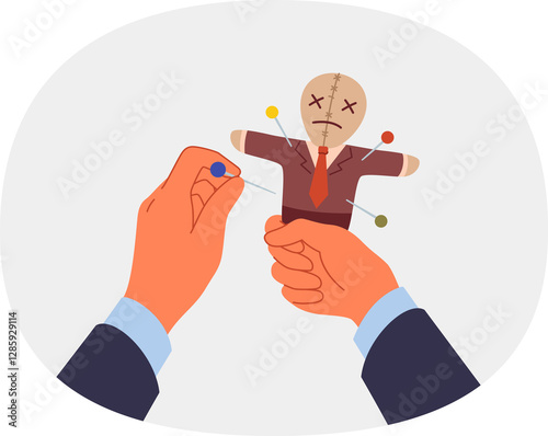 Obraz na płótnie Voodoo doll in hands of business man who uses black magic and pagan curses for unfair competition. Vindictive guy pierces voodoo doll with needles, wanting to make enemy or competitor suffer w salonie