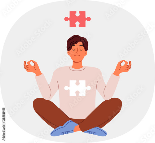 Obraz na płótnie Man meditates sitting in lotus position and feels synchronization of soul in form of puzzle and cosmos thanks to yoga. Guy is interested in zen buddhism and meditation to achieve mental harmony w salonie