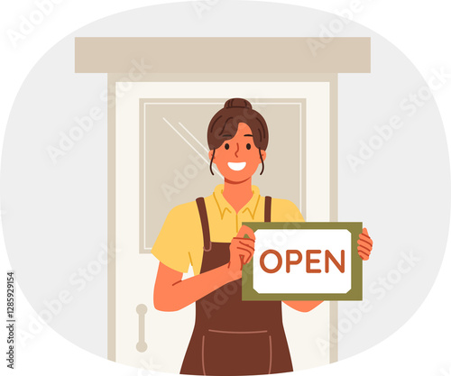 Obraz na płótnie Woman waiter shows inscription open standing near door of restaurant and inviting to become visitor. Hospitable girl waiter or owner of own small business in catering industry, dressed in apron w salonie