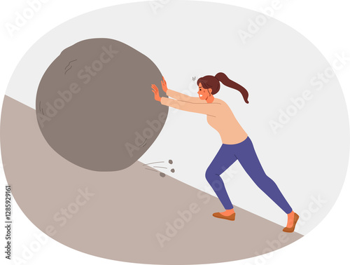 Suffering woman suffers from overload pushing large stone uphill, for concept of huge problems. Girl in need of help and experiencing discomfort from overload caused by complex work tasks