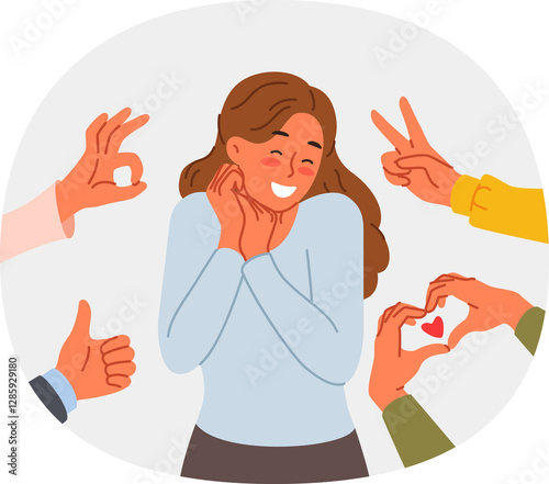 Obraz na płótnie Confused woman receiving public approval and supportive feedback, standing among hands with positive gestures. Approval and love from fans for influencer girl enjoying popularity in society w salonie