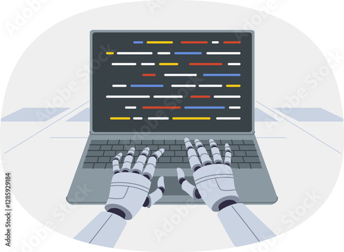 Obraz na płótnie Hands of robot programmer typing code into laptop thanks to development of artificial intelligence. Chat bot with artificial intelligence works in user support and answers frequently asked questions w salonie