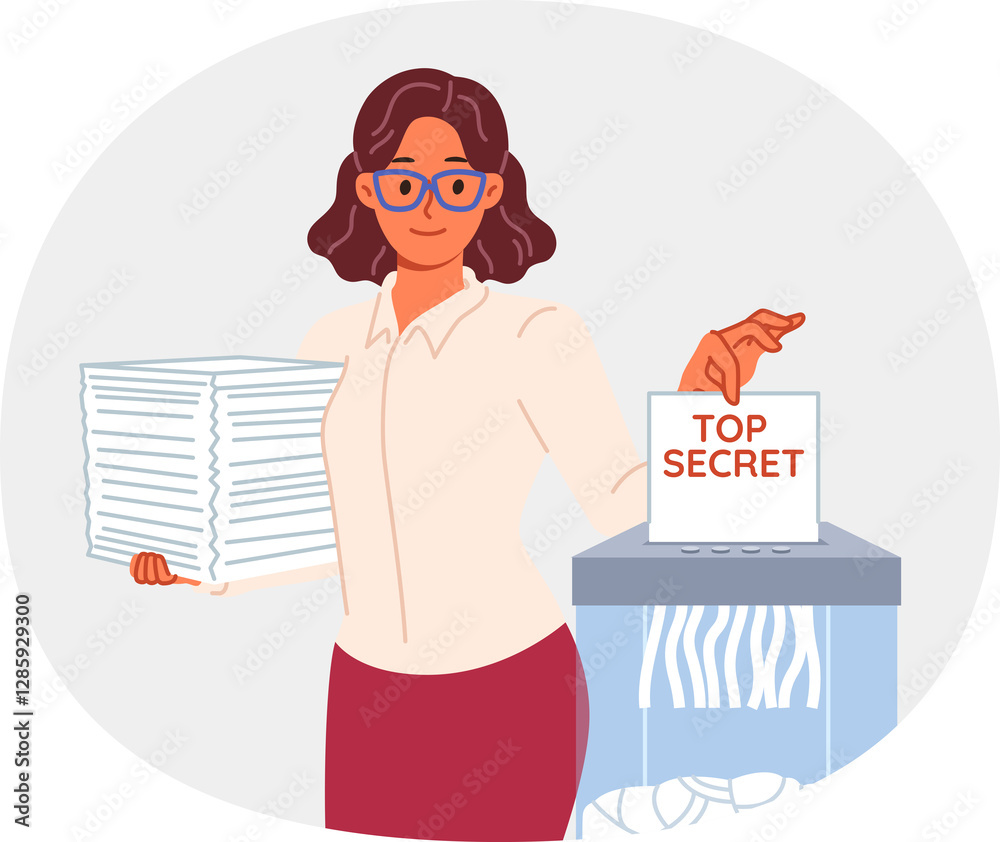 Woman shreds classified documents using shredder to destroy confidential and sensitive information. Lady politician uses shredder to hide data proving crime or ineffective work of parliament