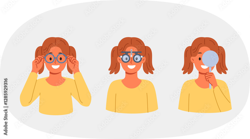 Vision testing and choice of glasses in ophthalmic clinic for little girl experiencing eye problems. Selection of glasses and right lenses for vision correction for preschool child