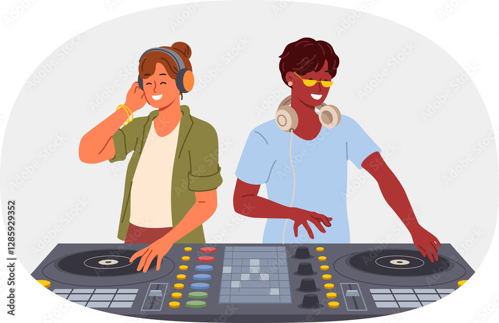 Two DJ use mixing console to entertain visitors to disco in nightclub and play original musical hits. Team of professional DJ with audio equipment for dance festival in club or concert