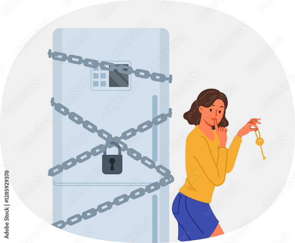 Woman starting diet locked refrigerator to reduce number of calories from food consumed. Funny girl wants to break diet and have dinner at night, due to lack of willpower and motivation
