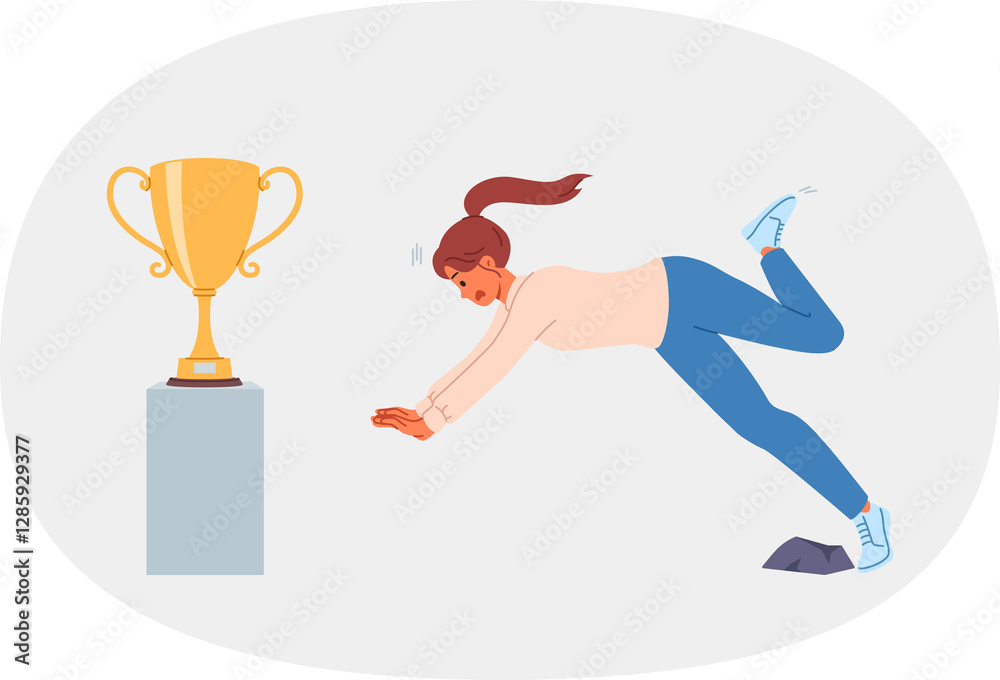Woman falls on path to success and fail in desire to get golden cup symbolizing leadership in society. Fail for businesswoman who stumbles while performing task and does not deserve reward