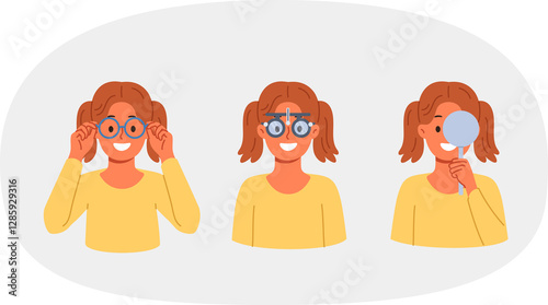Obraz na płótnie Vision testing and choice of glasses in ophthalmic clinic for little girl experiencing eye problems. Selection of glasses and right lenses for vision correction for preschool child w salonie