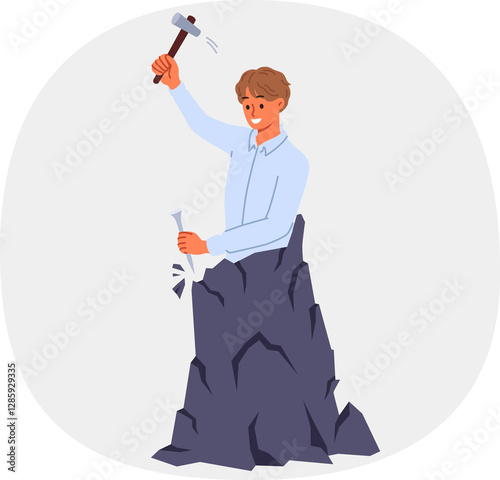 Obraz na płótnie Man makes himself, making efforts for professional development, hollows out own image from rock. Concept of striving for business success and motivation for development and improving life w salonie