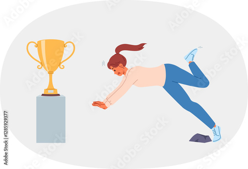 Obraz na płótnie Woman falls on path to success and fail in desire to get golden cup symbolizing leadership in society. Fail for businesswoman who stumbles while performing task and does not deserve reward w salonie