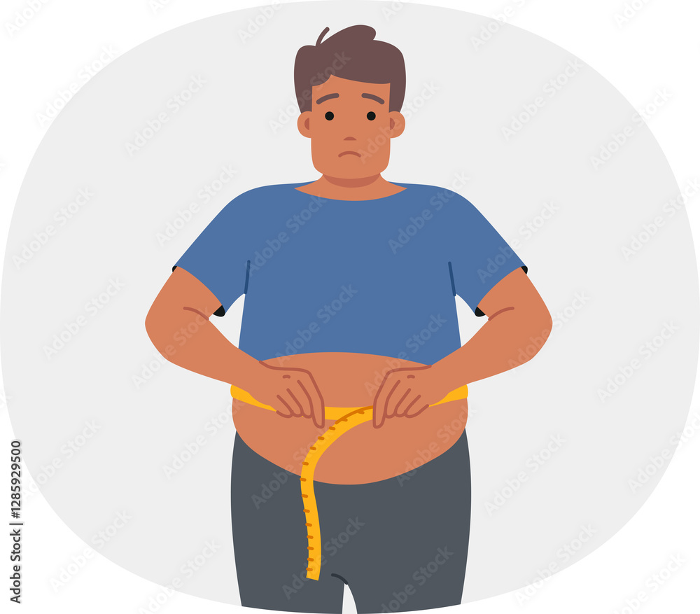 Fat man suffering from obesity measures waist and sadly looks at screen, looking for help. Problem of obesity upsets guy who does not follow diet due to lack of willpower and motivation