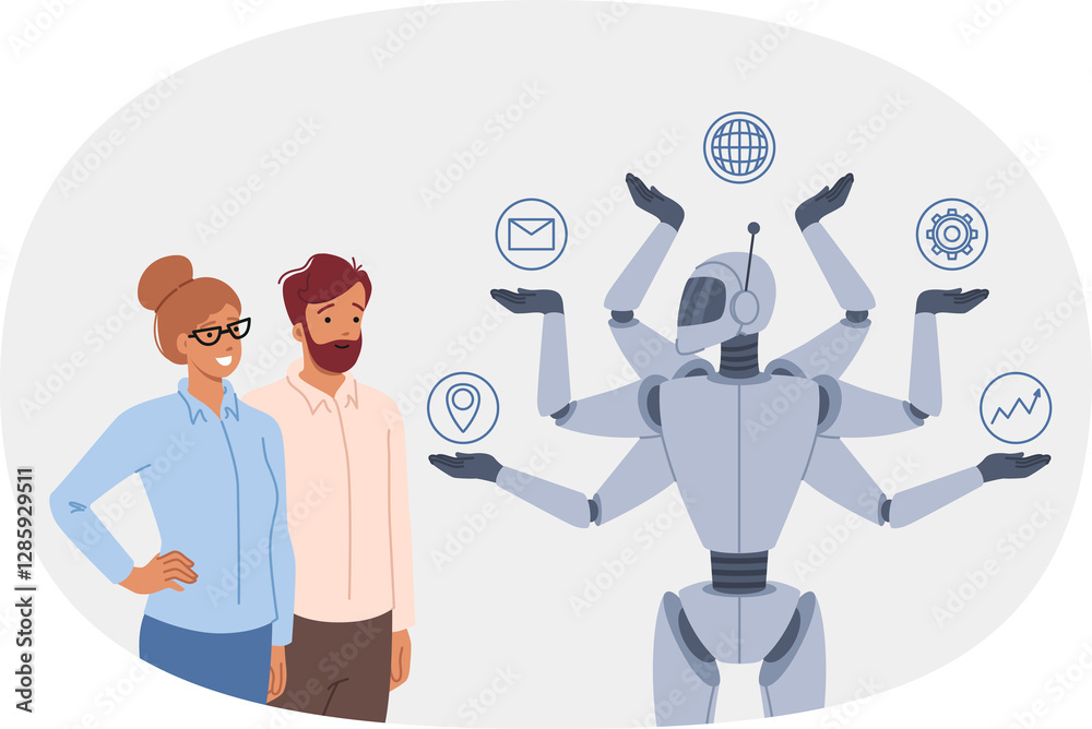 Synergy between multitasking robot and successful business people using modern technologies to increase productivity. Multi-armed ai robot quickly completes assigned tasks and corporate KPI