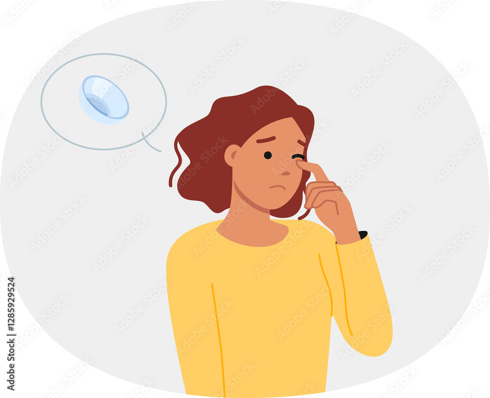 Woman uses contact lenses and feels discomfort due to dry eyes or allergy to ophthalmic fluid. Girl with contact lenses suffers and needs consult doctor to switch glasses for myopia