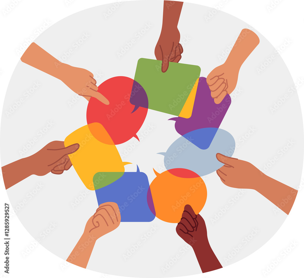 Exchange of opinions and discussion of important issues between people holding dialogue boxes in hands. Conversation bubbles as metaphor for exchange of opinions and collective feedback