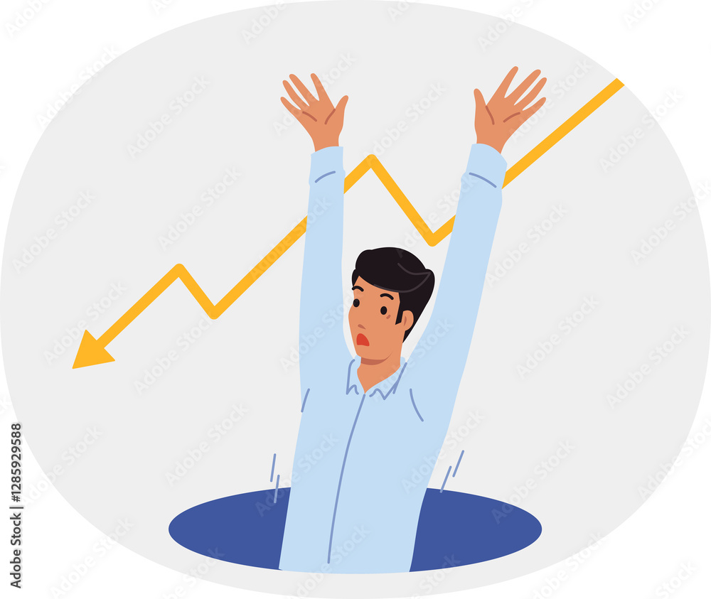 Man falls into crisis pit and raises hands up calling for help to avoid bankruptcy. Crisis graph near guy who was fired from job and suffering professional failures on way to success